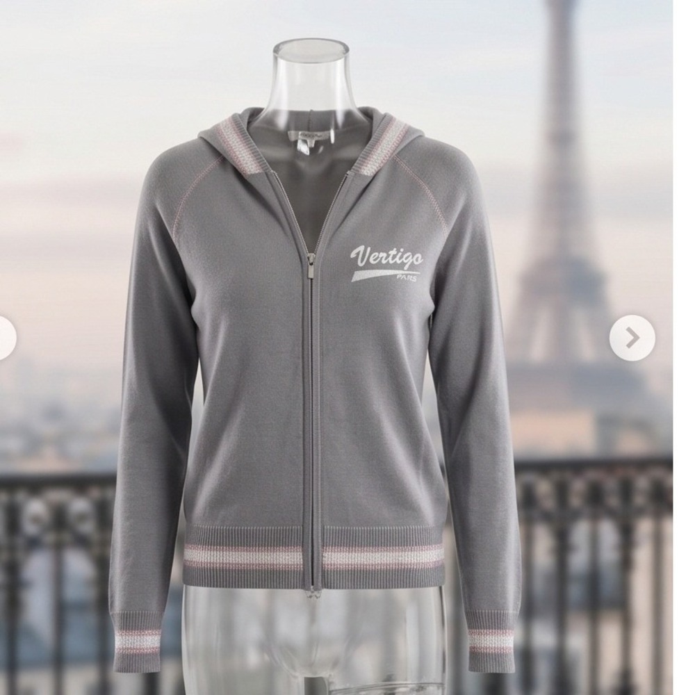 Vertigo Paris Silk Blend Hoodie Gray Pink Eiffel Tower Zip Up Sweater VT10431 L